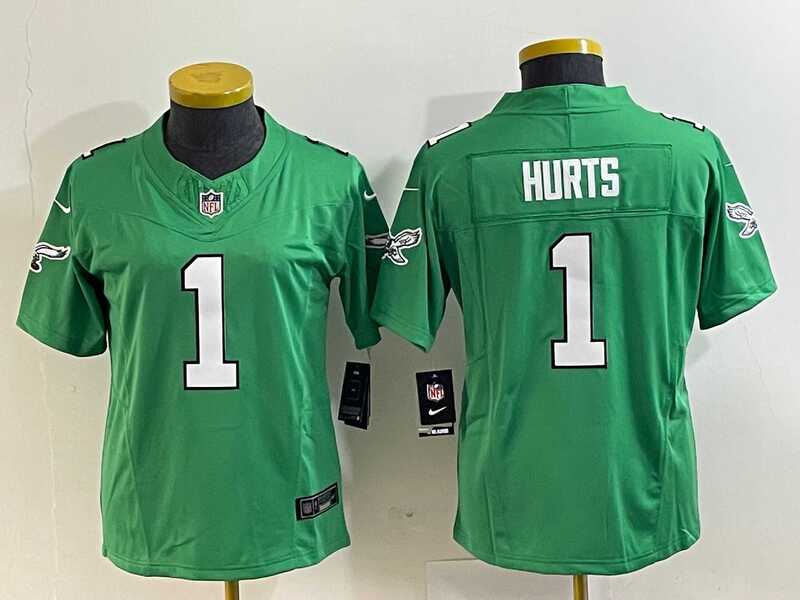 Womens Philadelphia Eagles #1 Jalen Hurts Green 2023 F.U.S.E. Stitched Football Jersey(Run Small)